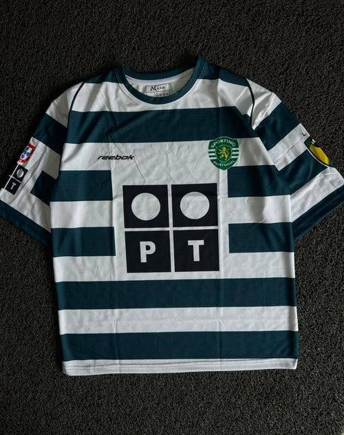 Cristiano Ronaldo #7 Sporting CP 2002-03 Home Jersey – Green & White Striped Reebok Football Five Sleeve Jersey