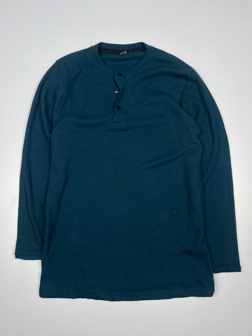 Teal Blue Waffle-Knit Long-Sleeve Henley T-Shirt with Three-Button Placket
