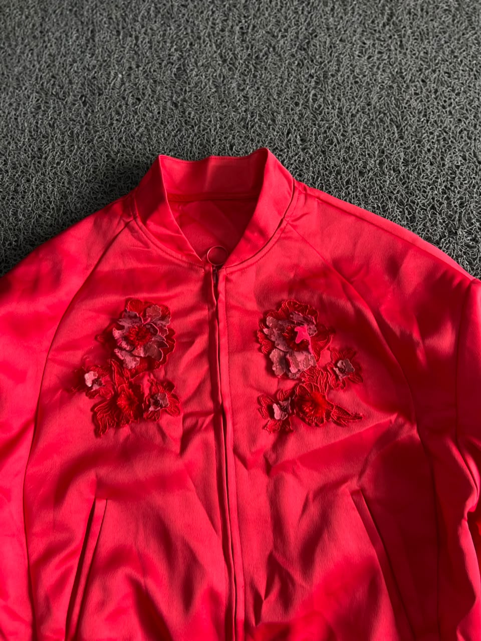 Women's Red Floral Embroidered Bomber Jacket