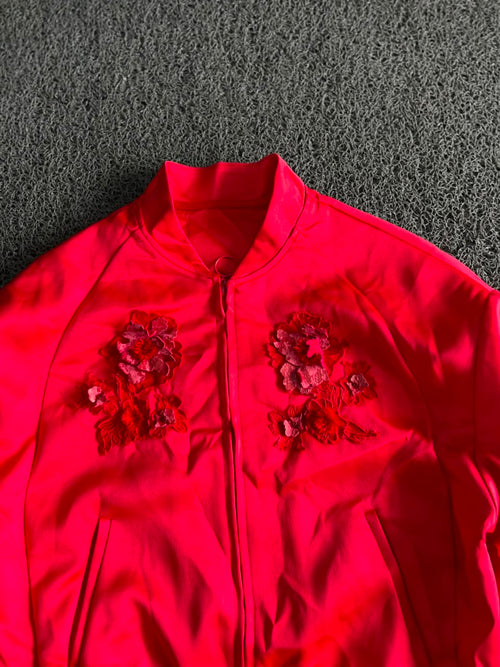 Women's Red Floral Embroidered Bomber Jacket