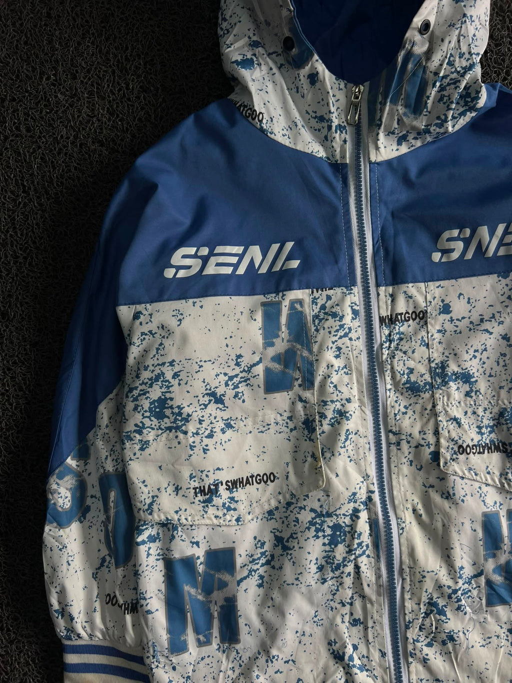 Blue & White Graphic Print Hooded Windbreaker Jacket