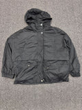 Black Hooded Lightweight Windbreaker Jacket – Adjustable Waist & Snap Closure