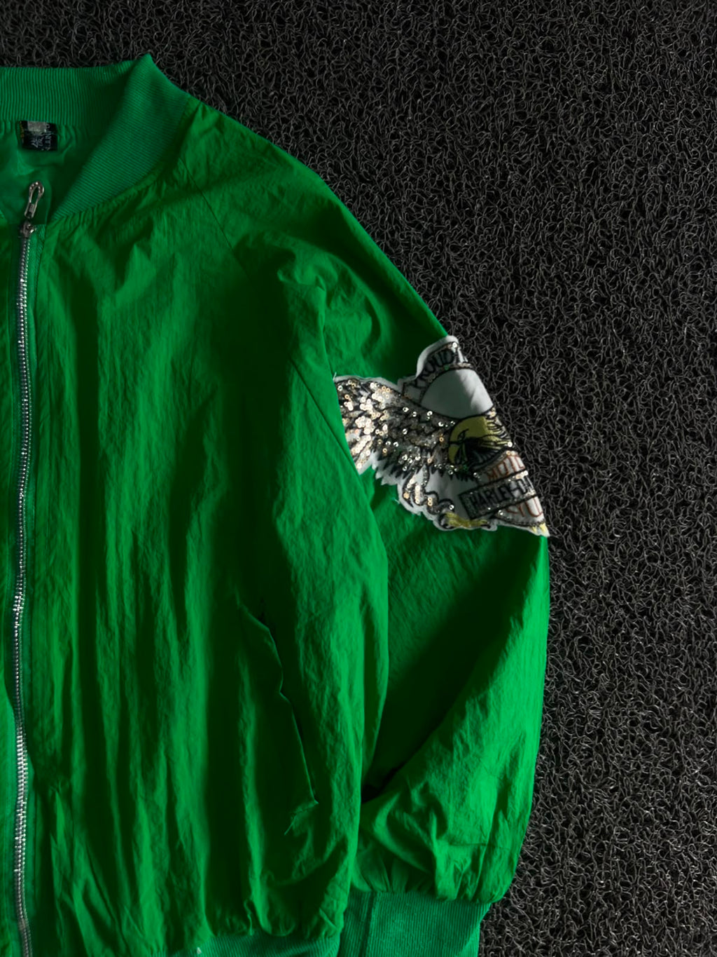 Green Bomber Jacket with Sequin Eagle Sleeve Embroidery | Retro Zip-Up Streetwear