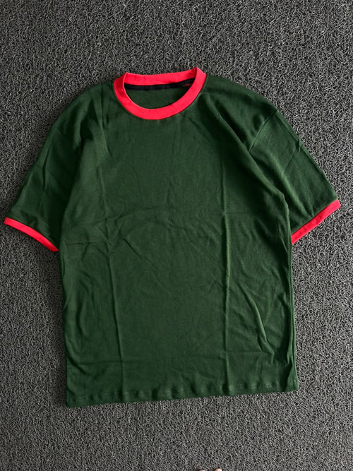 Green T-Shirt with Contrast Red Collar & Sleeve Trim