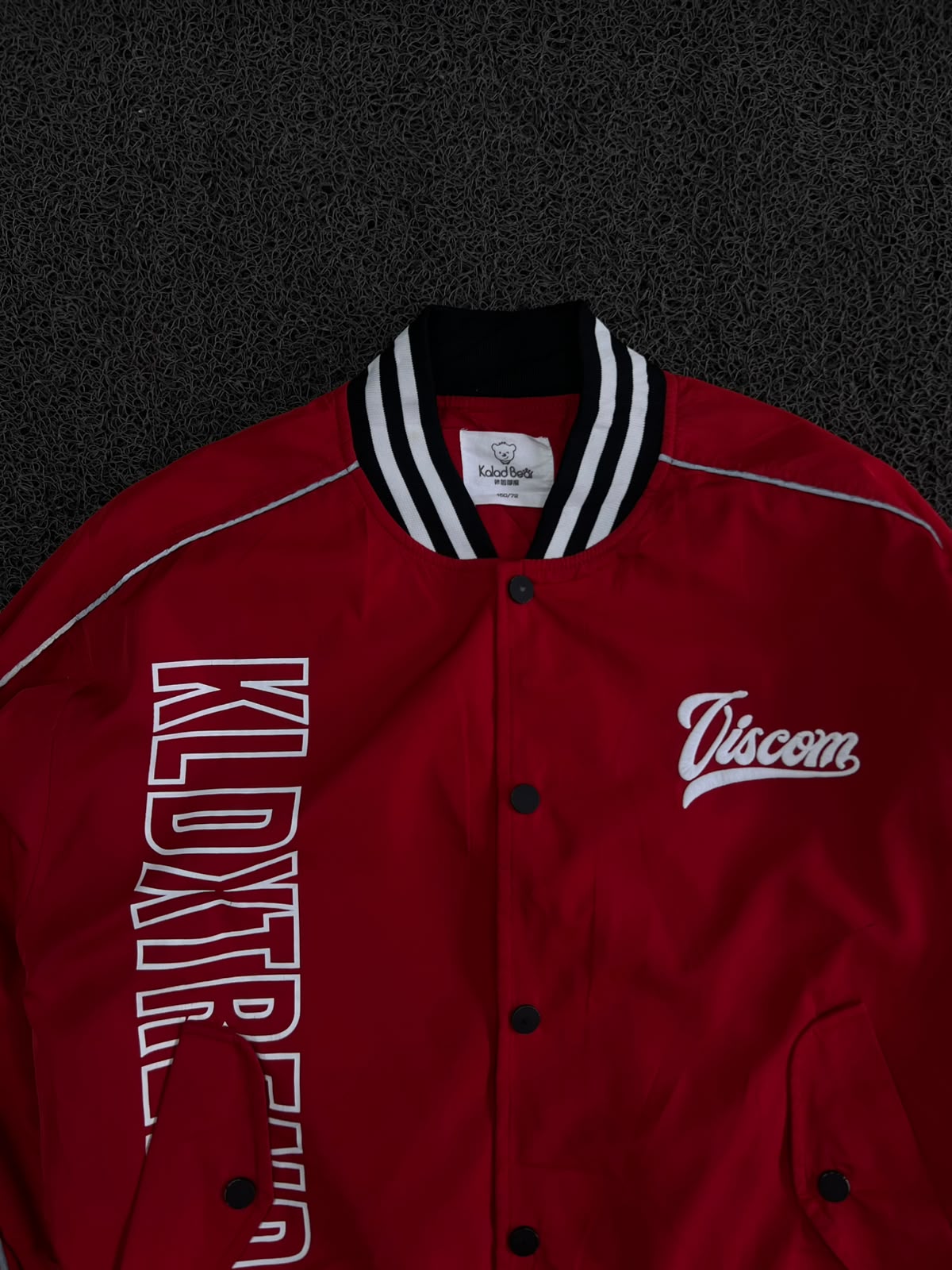 Viscom Red Varsity Bomber Jacket with Graphic Print ⚠️ Button Missing and Pen Marks