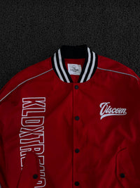 Viscom Red Varsity Bomber Jacket with Graphic Print ⚠️ Button Missing and Pen Marks