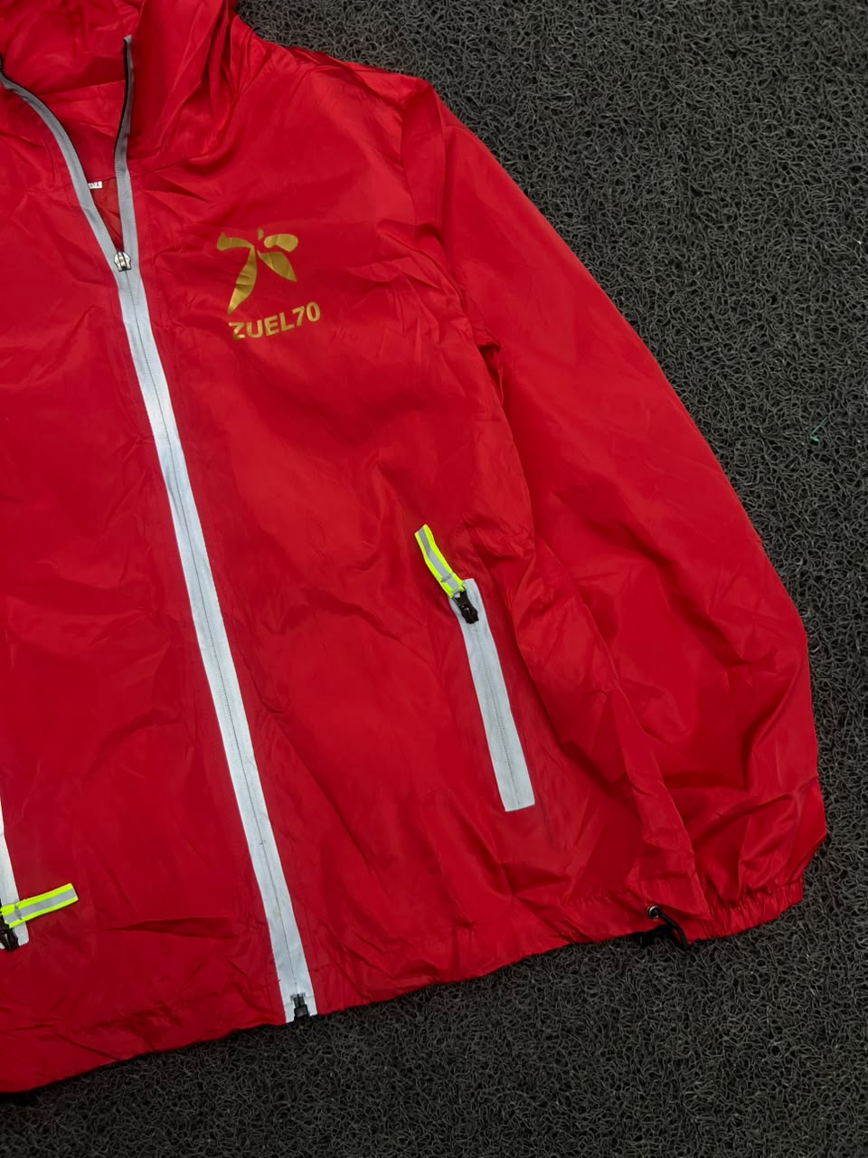 Red Hooded Windbreaker Jacket with Reflective Zip Details