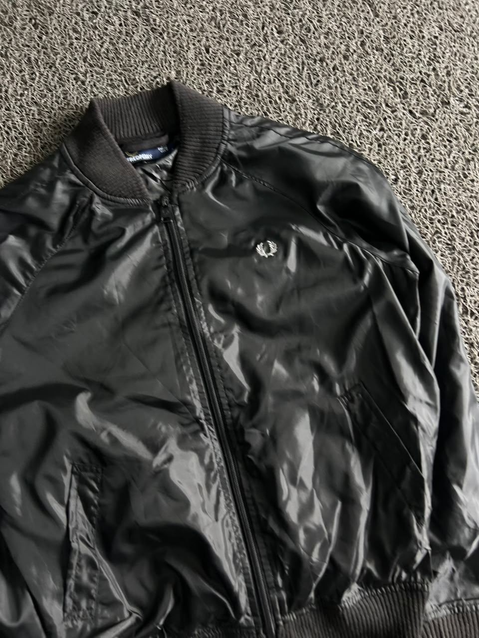 Fred Perry Black Gloss Bomber Jacket – Ribbed Collar Zip-Up Casual Jacket