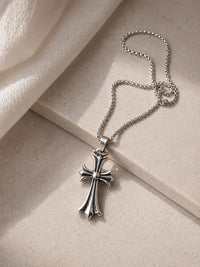 Vintage Silver Gothic Cross Pendant Necklace | Stainless Steel Chain | Unisex Statement Jewelry