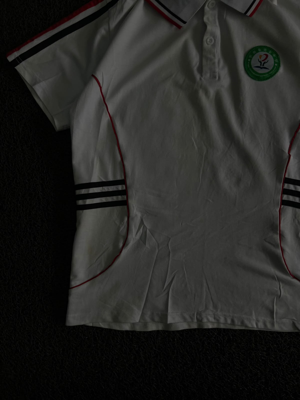 Sports Polo T-Shirt with Red & Black Stripes and Embroidered Chest Badge ⚠️ Small Stains