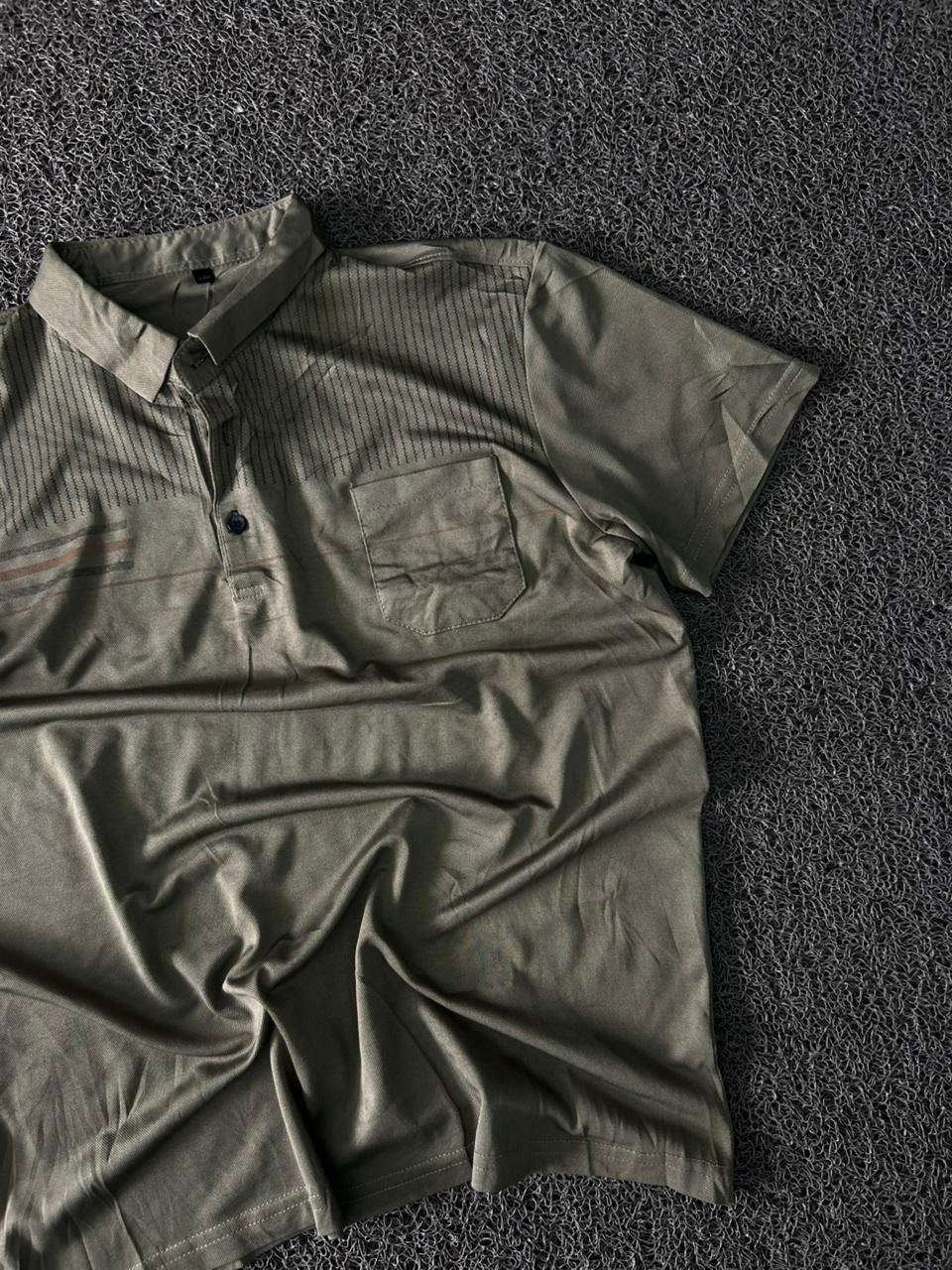 Men's Olive Green Textured Polo T-Shirt with Chest Pocket – Regular Fit