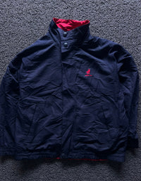 Navy Blue High-Neck Button-Up Jacket with Red Inner Lining and Embroidered Logo