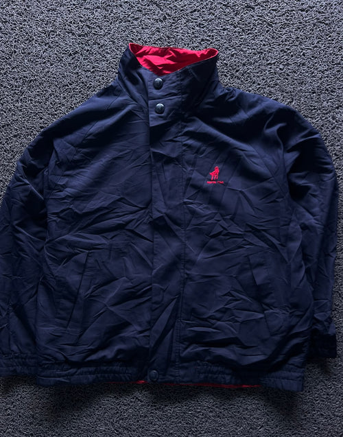 Navy Blue High-Neck Button-Up Jacket with Red Inner Lining and Embroidered Logo