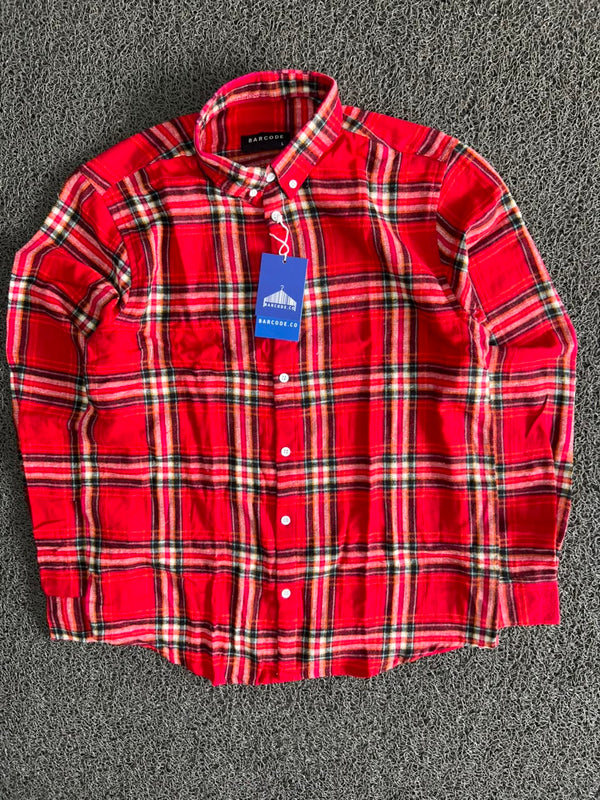 Barcode Red Plaid Flannel Button-Up Shirt – Red Checkered Casual Long Sleeve