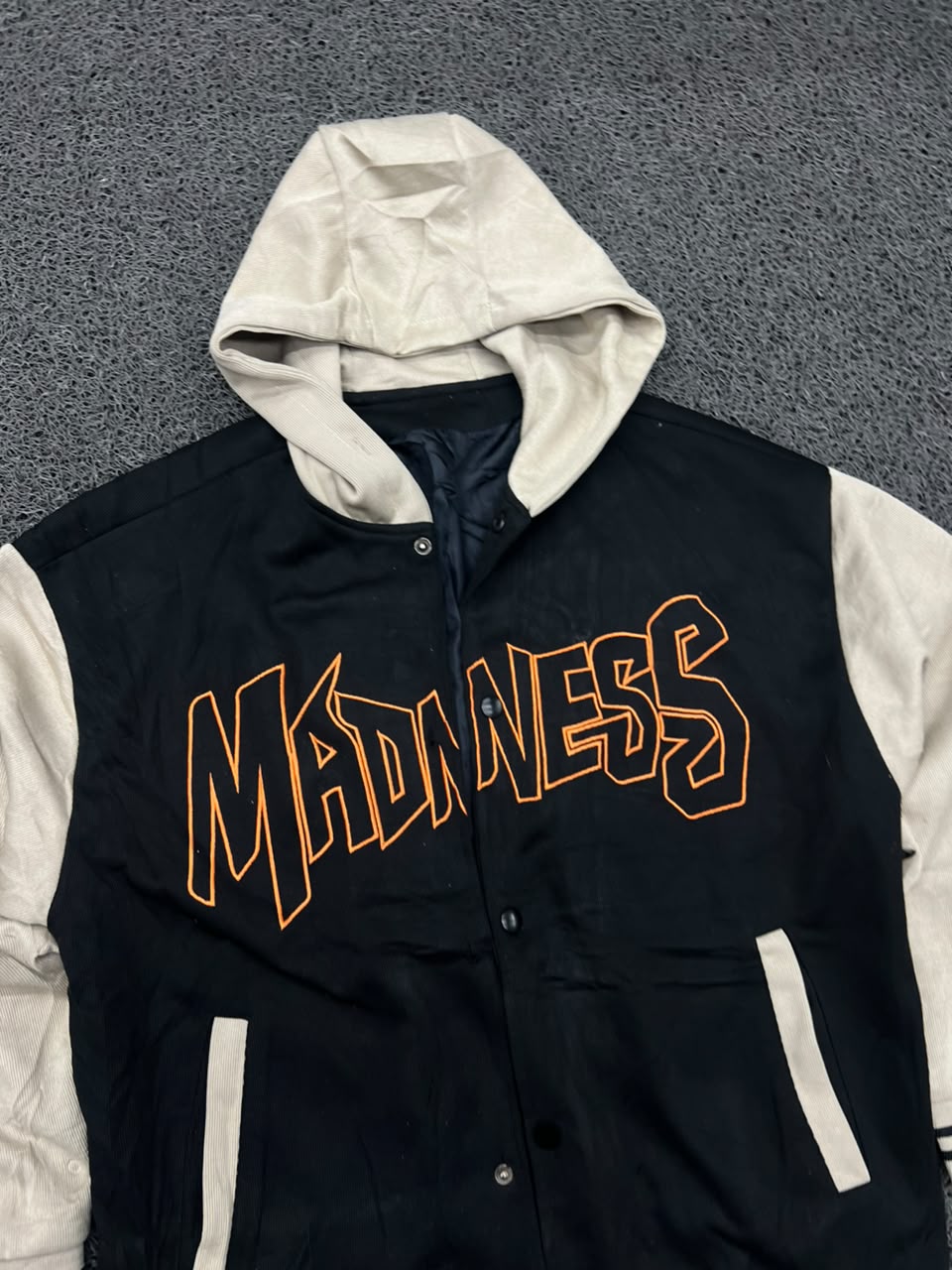Madness Hooded Varsity Jacket – Black & Cream Snap Button College Jacket ⚠️ No Zip