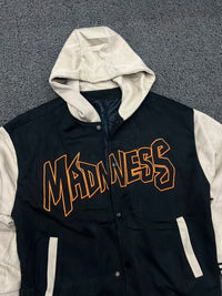 Madness Hooded Varsity Jacket – Black & Cream Snap Button College Jacket ⚠️ No Zip