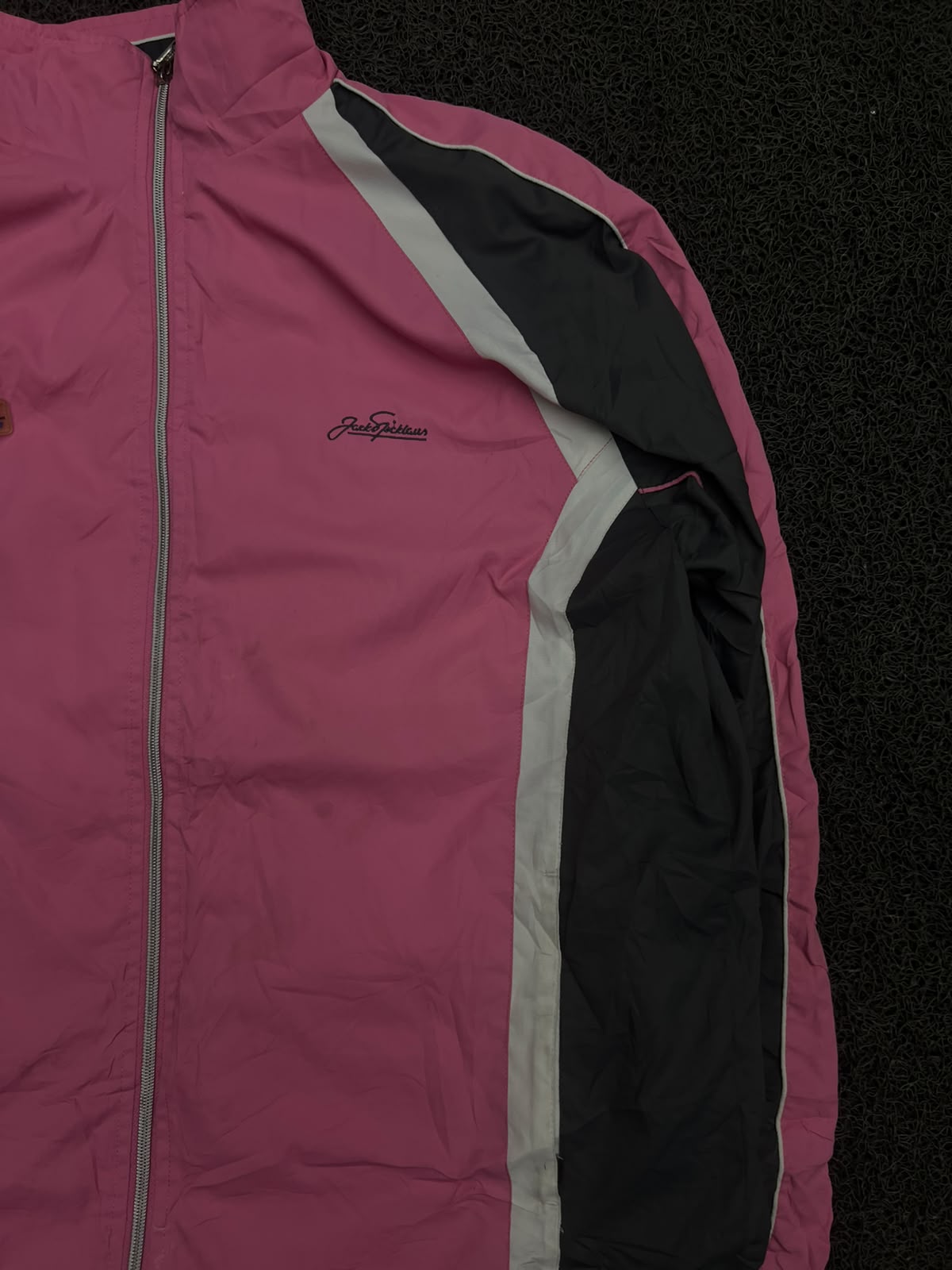 Pink & Black Retro Colorblock Track Jacket with White Panels & Zip Front