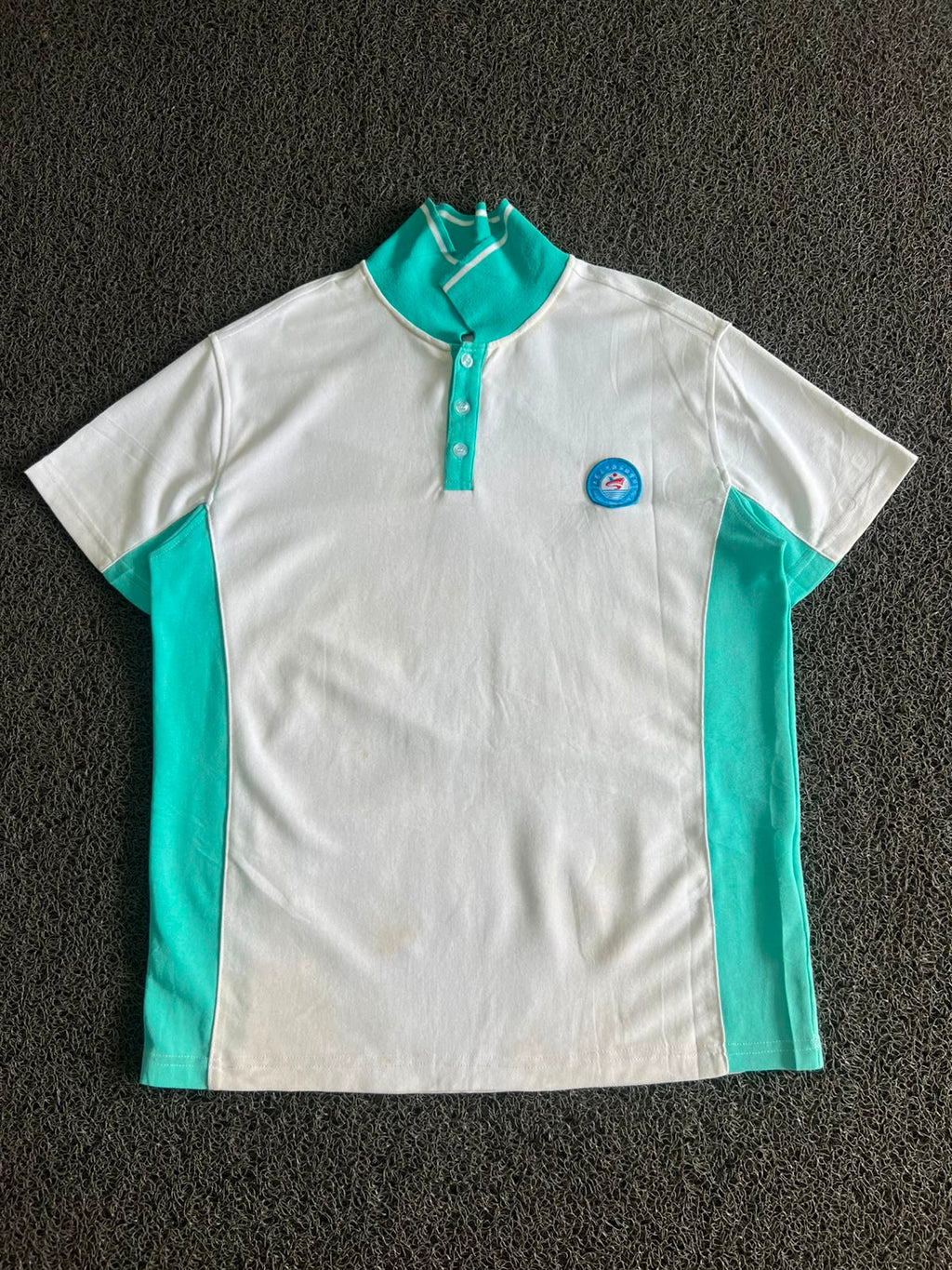 Vintage White & Mint Green Contrast Polo T-Shirt | Half Sleeve Button Neck Casual Tee