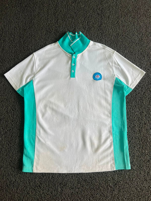 Vintage White & Mint Green Contrast Polo T-Shirt | Half Sleeve Button Neck Casual Tee