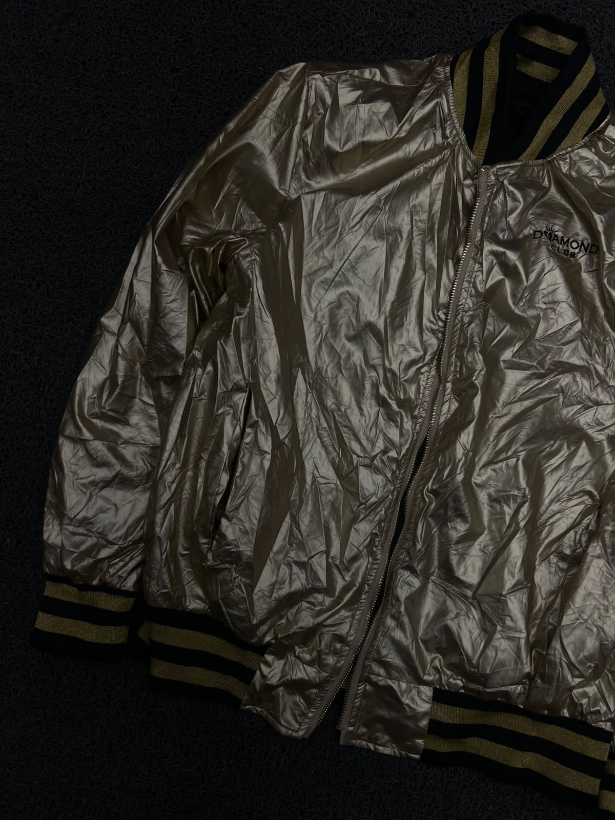 Metallic Gold Bomber Jacket with Black & Gold Striped Ribbed Details ⚠️ No Zip