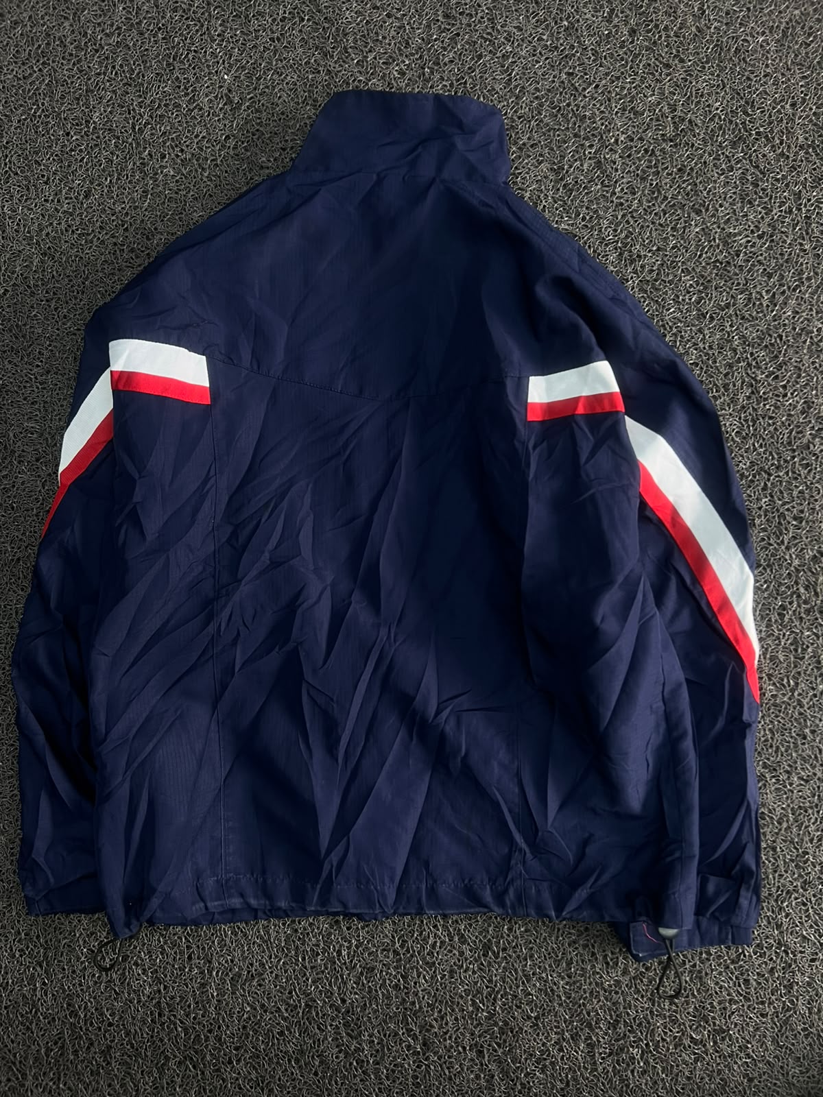 Navy Blue Vintage Racing Track Jacket with Red & White Stripe Detail