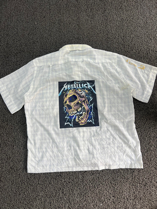 Thrifted Metallica Skull Graphic White Check Shirt(⚠️ Small Damage)