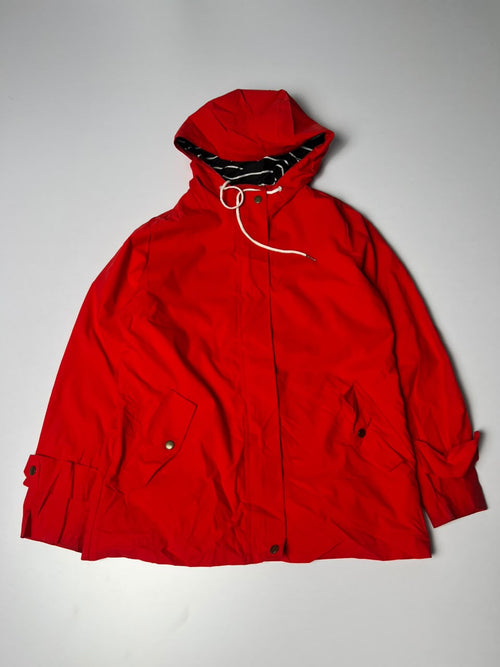 Vintage Red Hooded Utility Jacket with Drawstring Hood and Snap Buttons