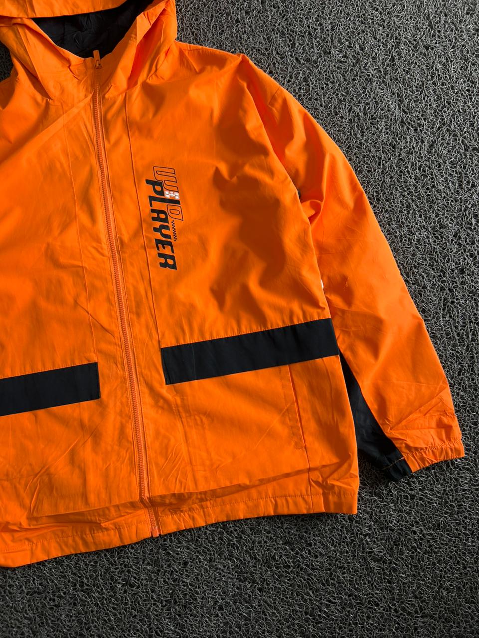 Player Orange & Black Hooded Windbreaker Jacket | Lightweight Zip-Up Outdoor Jacket