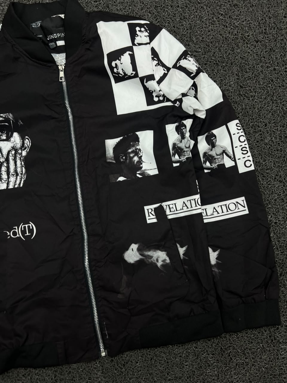 Black & White Graphic Print Zip-Up Bomber Jacket – Streetwear Casual Jacket