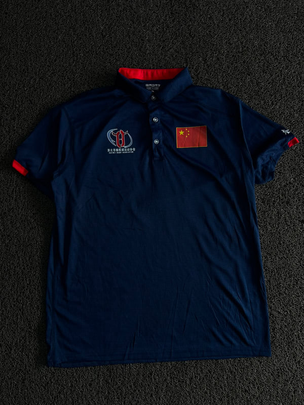 Vintage Navy Blue China Sport Polo T-Shirt with Flag