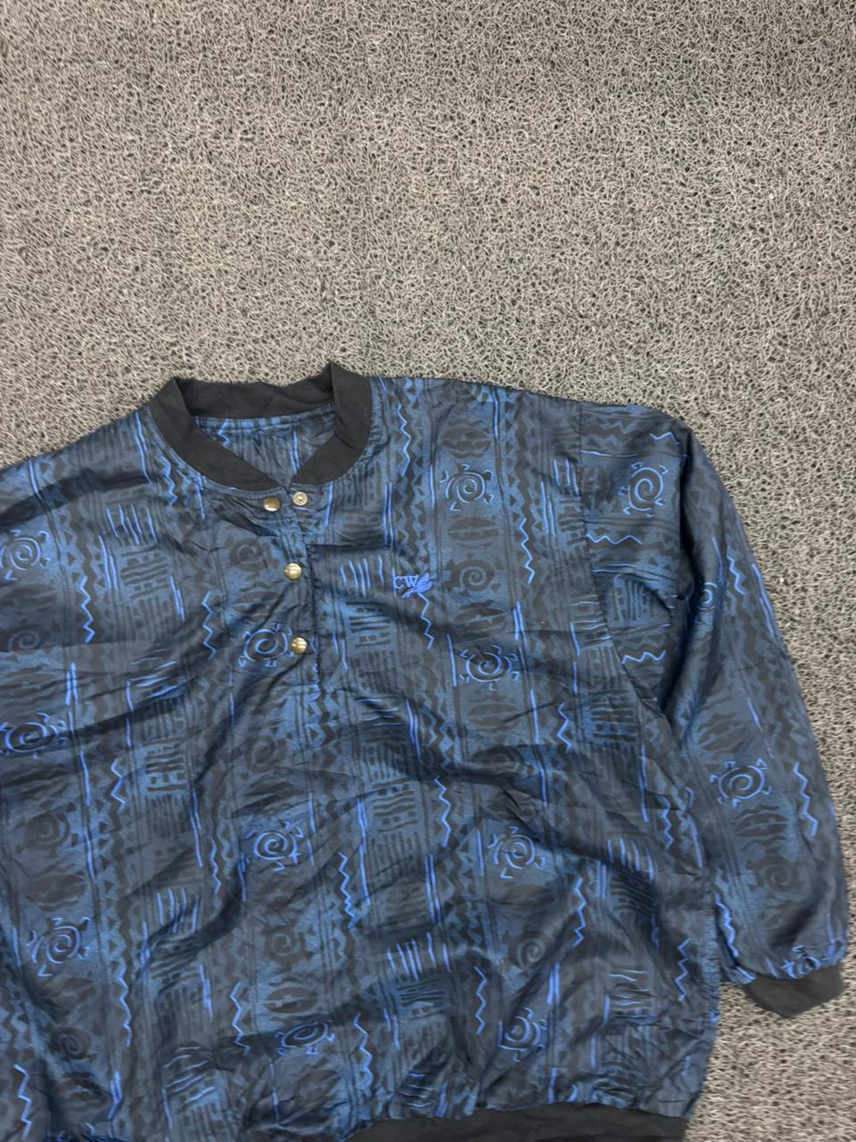Retro Blue & Black Tribal Print Snap-Neck Lightweight Jacket