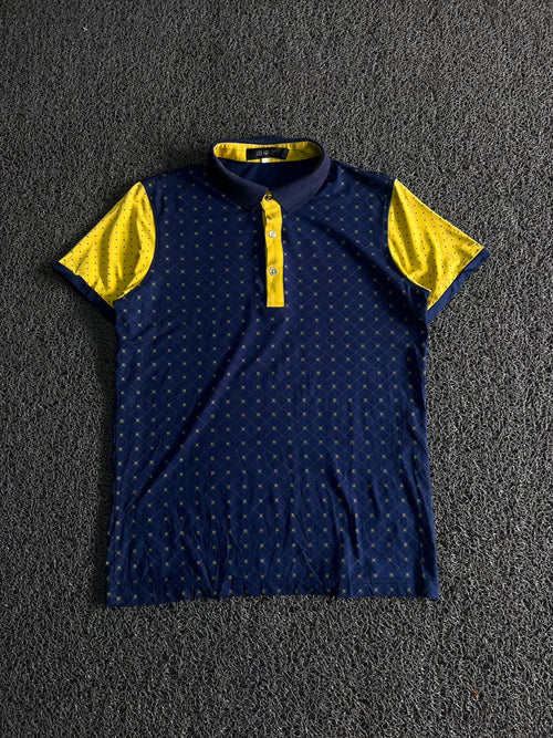 Men’s Navy Blue & Yellow Patterned Polo Shirt