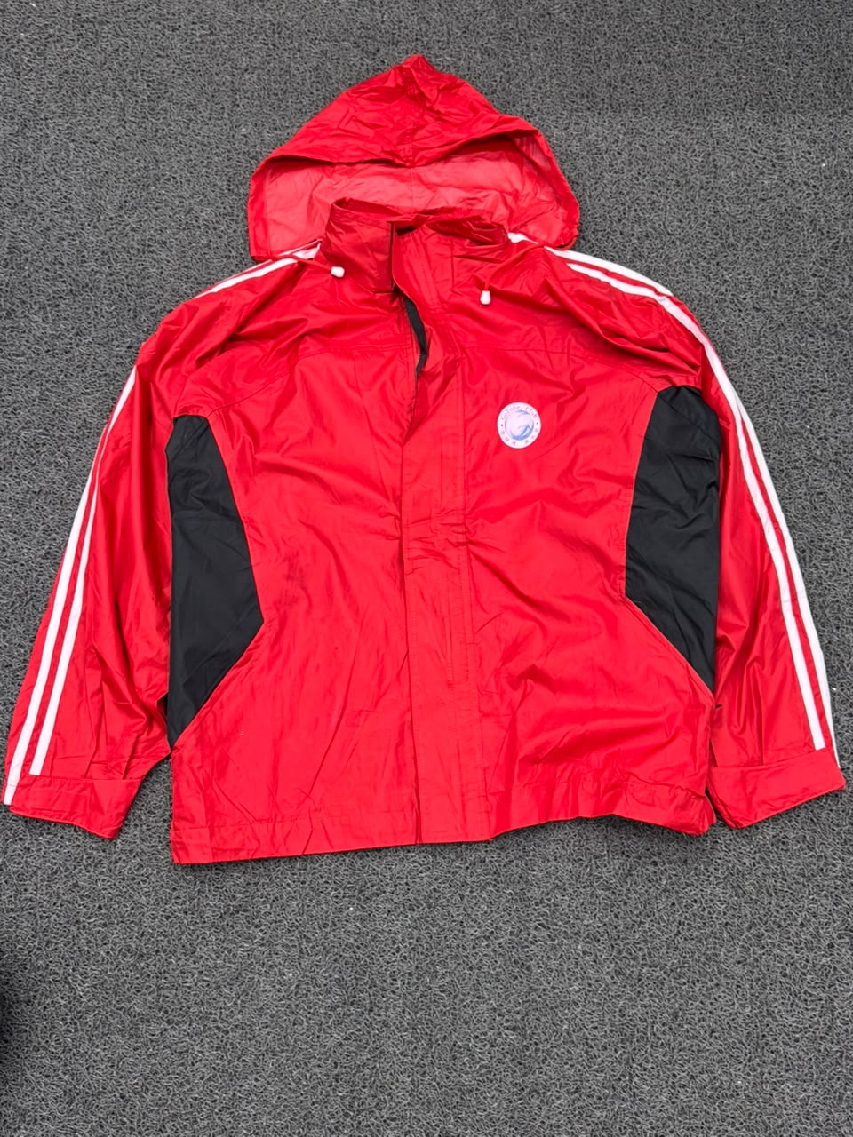 Men's Red Hooded Windbreaker Jacket with Stripe Detail