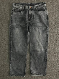 Vintage Washed Black Denim Jeans – Straight Fit Acid Wash Casual Pants