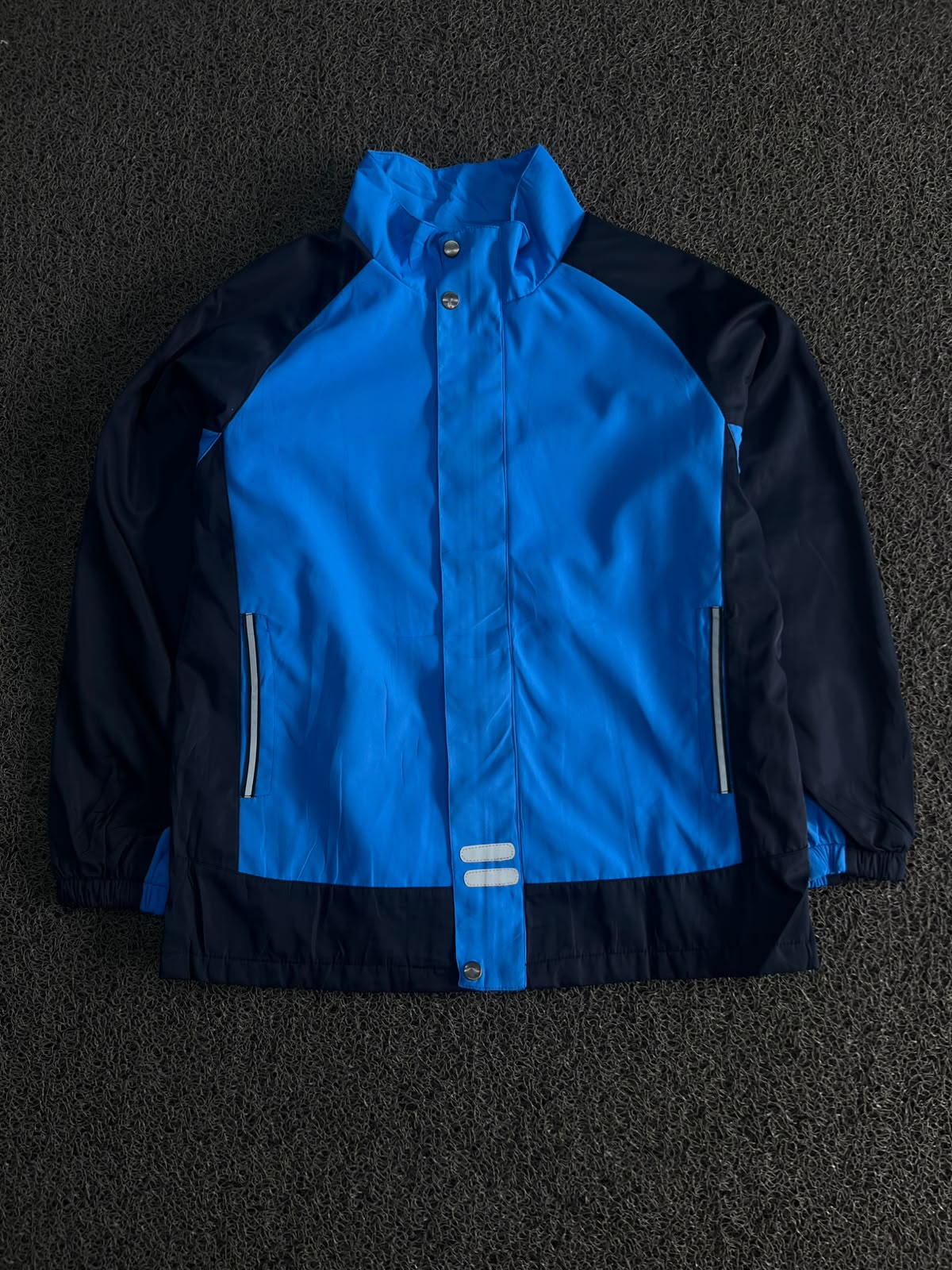 Blue & Navy Colorblock Waterproof Windbreaker Jacket – High Neck Full Zip Outdoor Coat