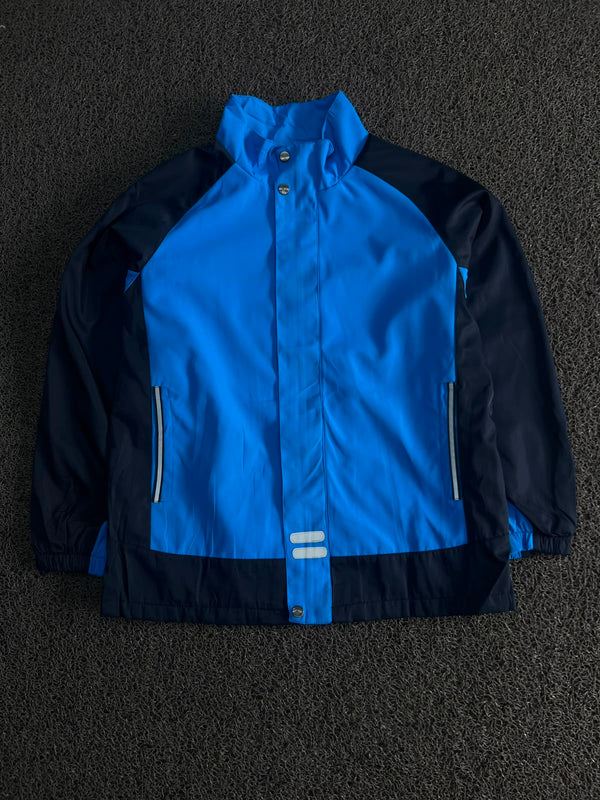Blue & Navy Colorblock Waterproof Windbreaker Jacket – High Neck Full Zip Outdoor Coat