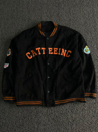 CATT EEINC Black Varsity Snap Jacket – Orange Lettering & Patch Detail