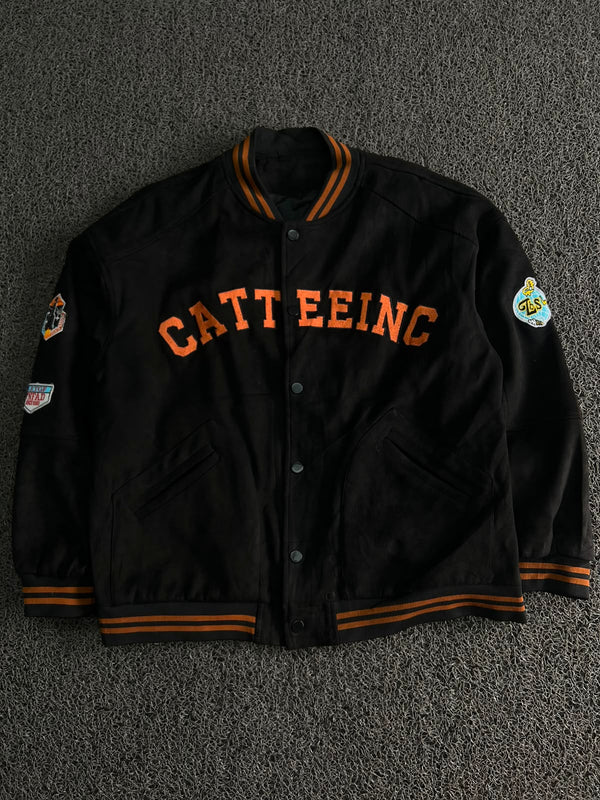 CATT EEINC Black Varsity Snap Jacket – Orange Lettering & Patch Detail