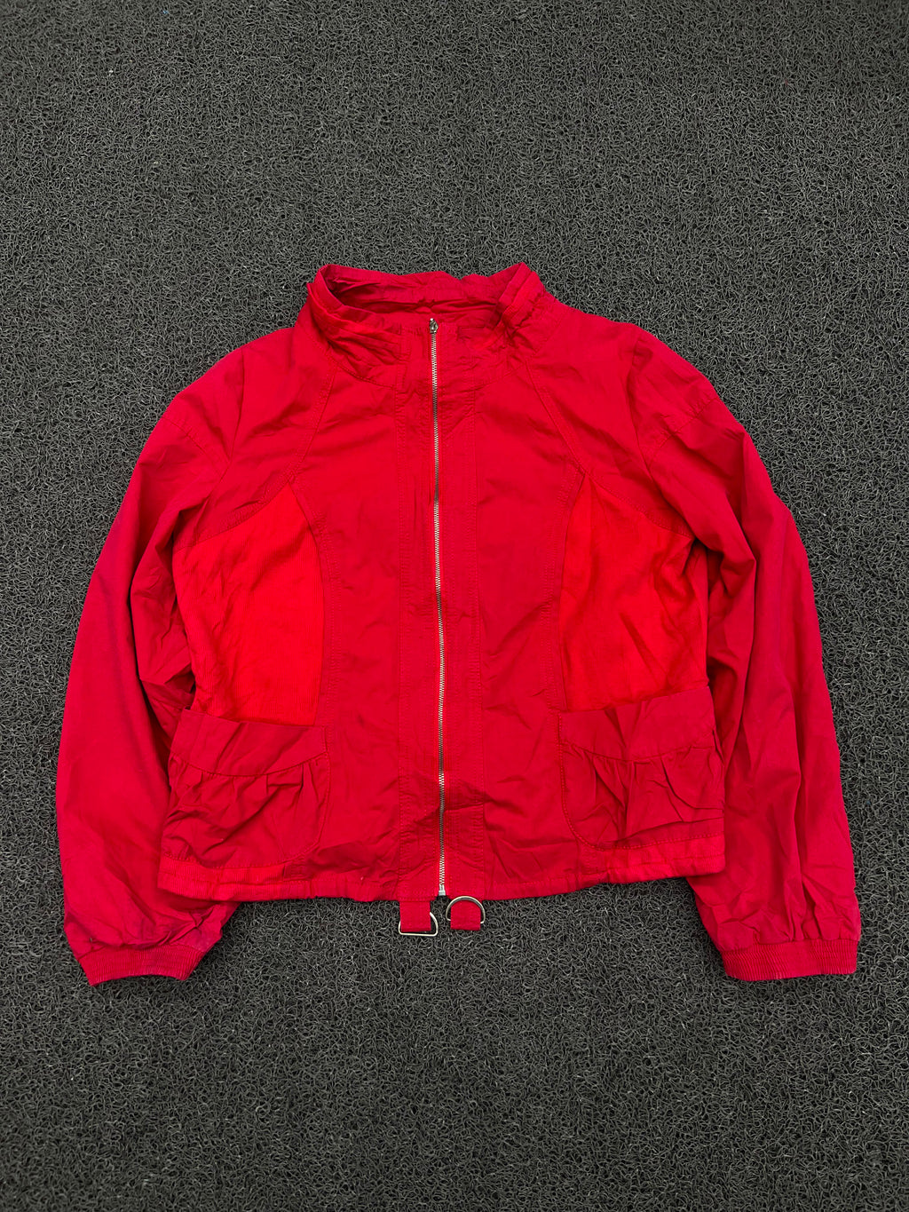 Red Lightweight Zip-Up Jacket with Ruffle Pocket Detail