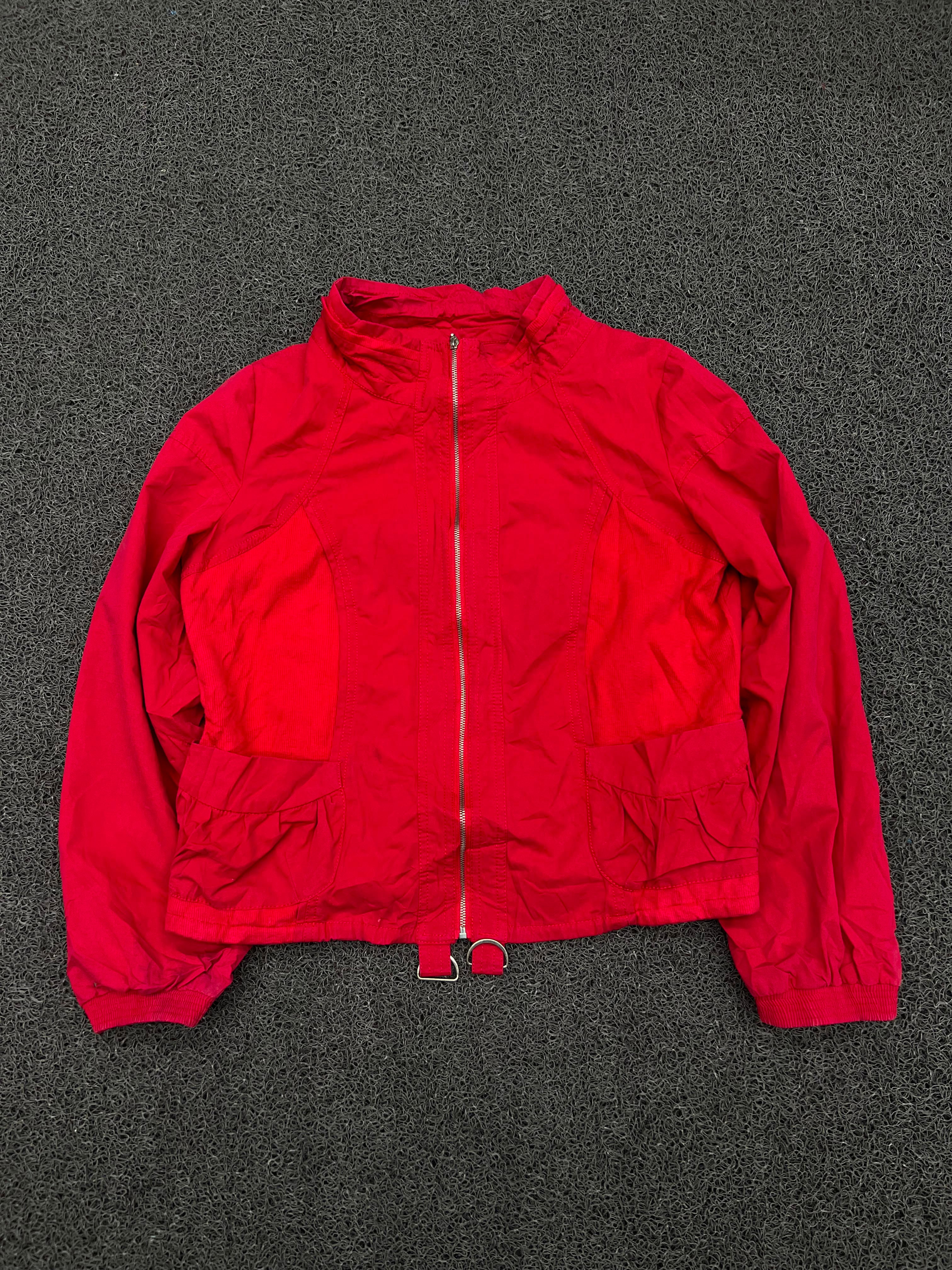 Red Lightweight Zip-Up Jacket with Ruffle Pocket Detail