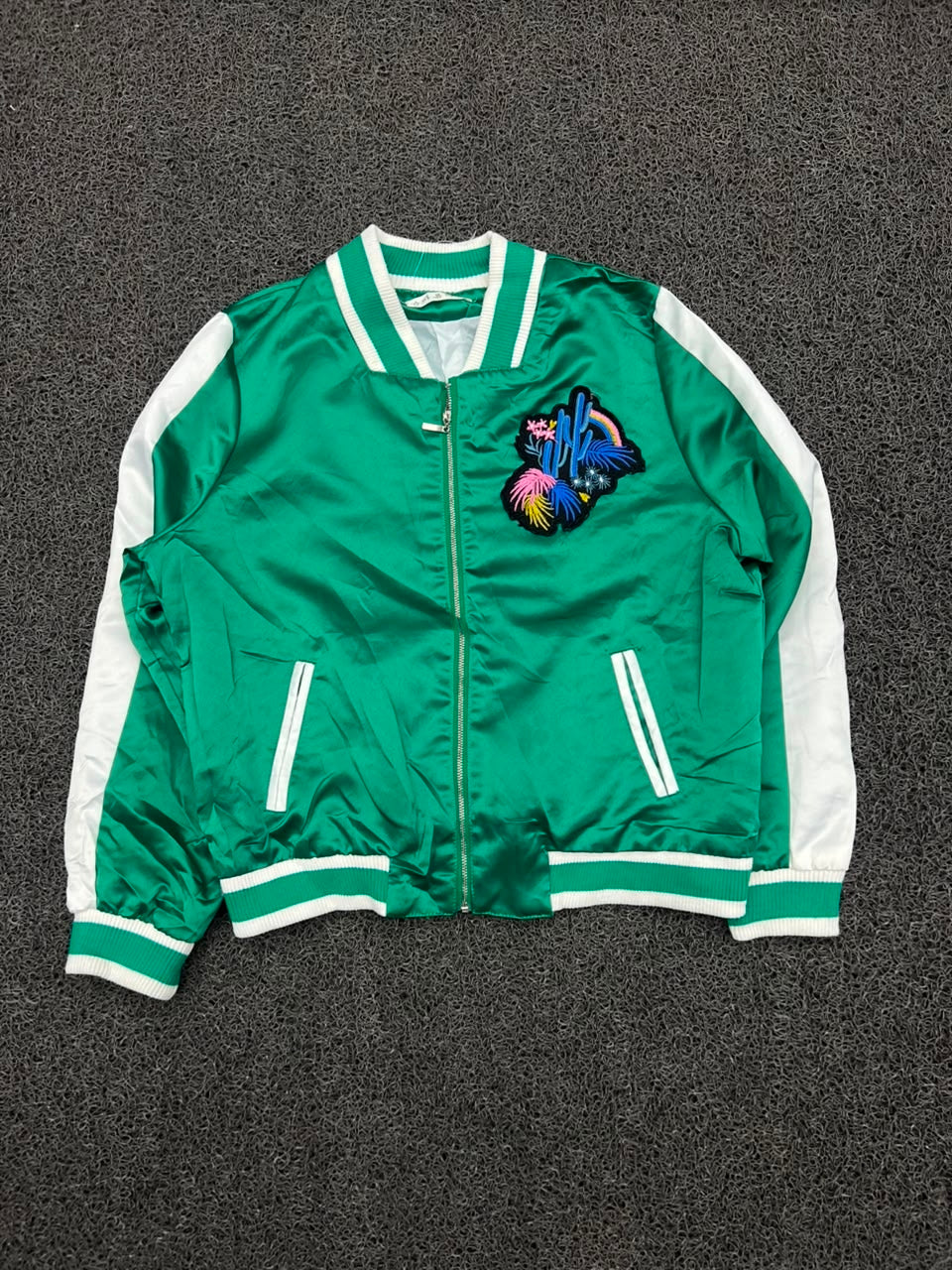 Green Satin Bomber Jacket with Embroidered Chest Patch – Varsity Style Zip-Up