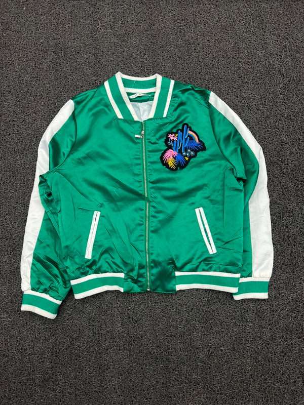 Green Satin Bomber Jacket with Embroidered Chest Patch – Varsity Style Zip-Up