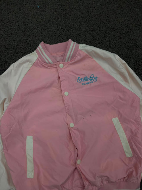 Pink & White Varsity Bomber Jacket – Snap Button Casual Baseball Jacket