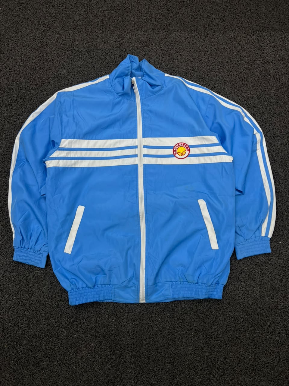 Vintage Blue Shell Track Jacket with White Stripes – Full Zip Sports Windbreaker
