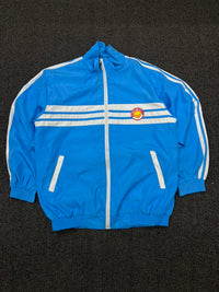 Vintage Blue Shell Track Jacket with White Stripes – Full Zip Sports Windbreaker