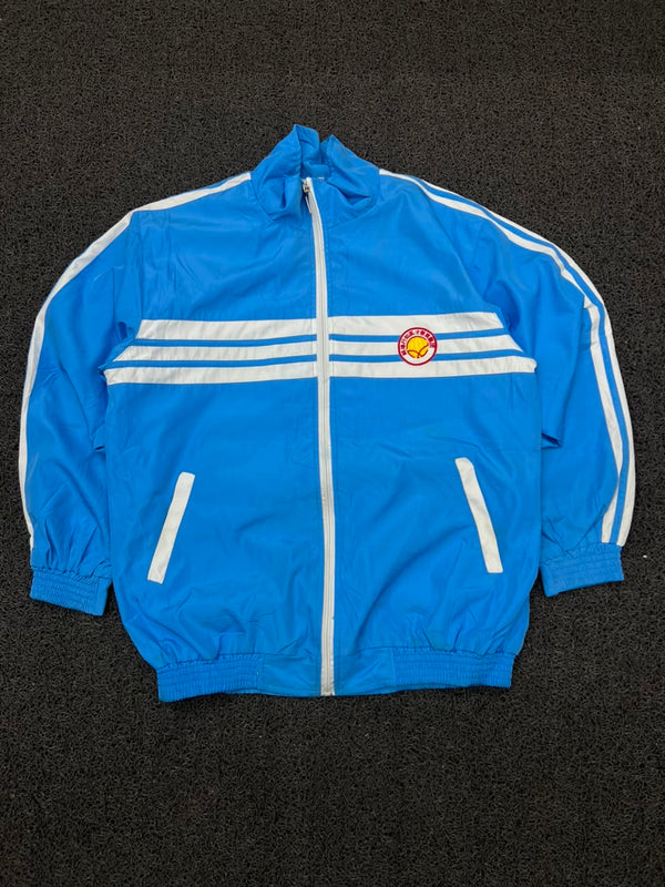 Vintage Blue Shell Track Jacket with White Stripes – Full Zip Sports Windbreaker