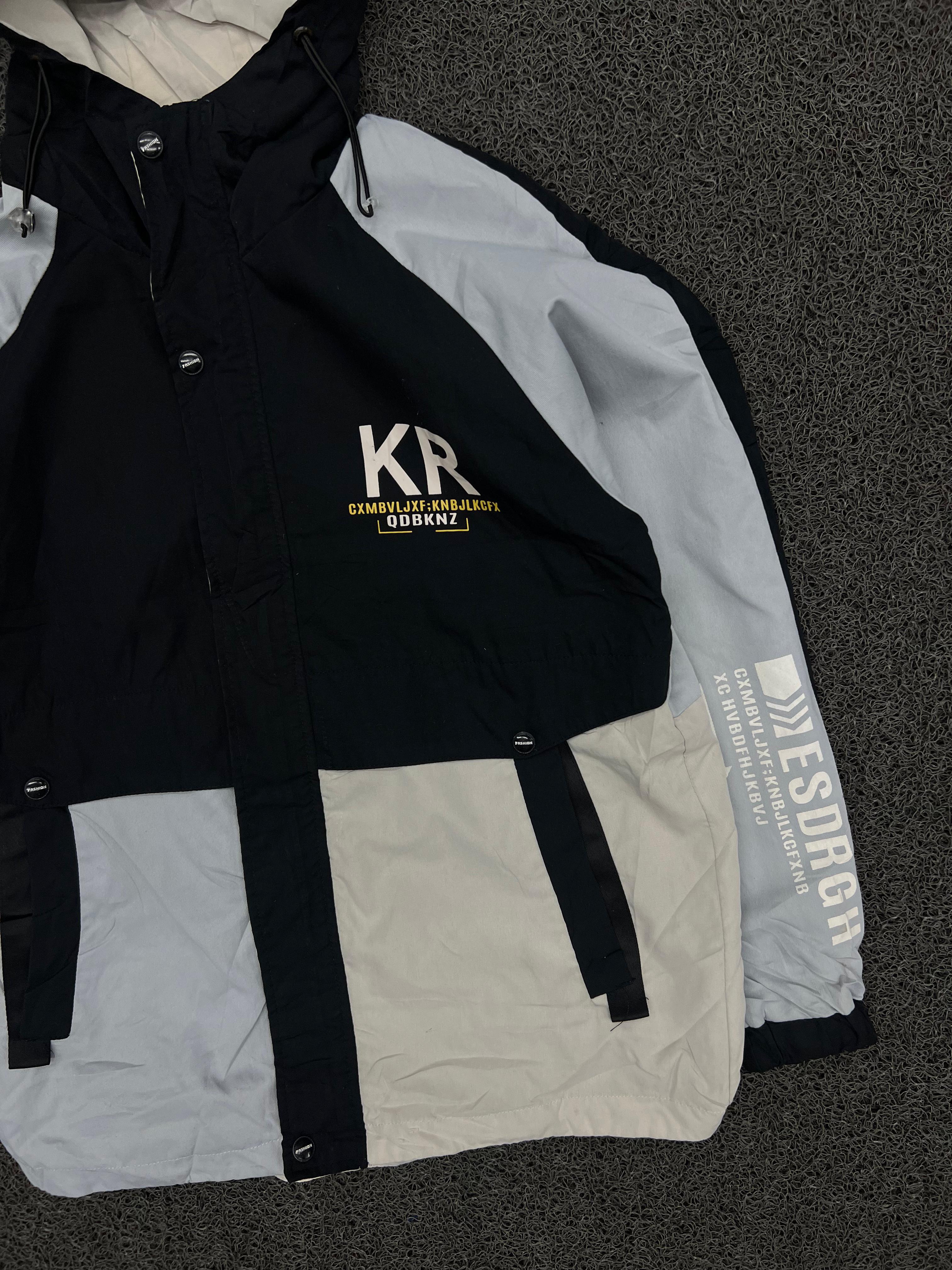 KR Color Block Hooded Windbreaker Jacket – Black & White Streetwear Lightweight Jacket