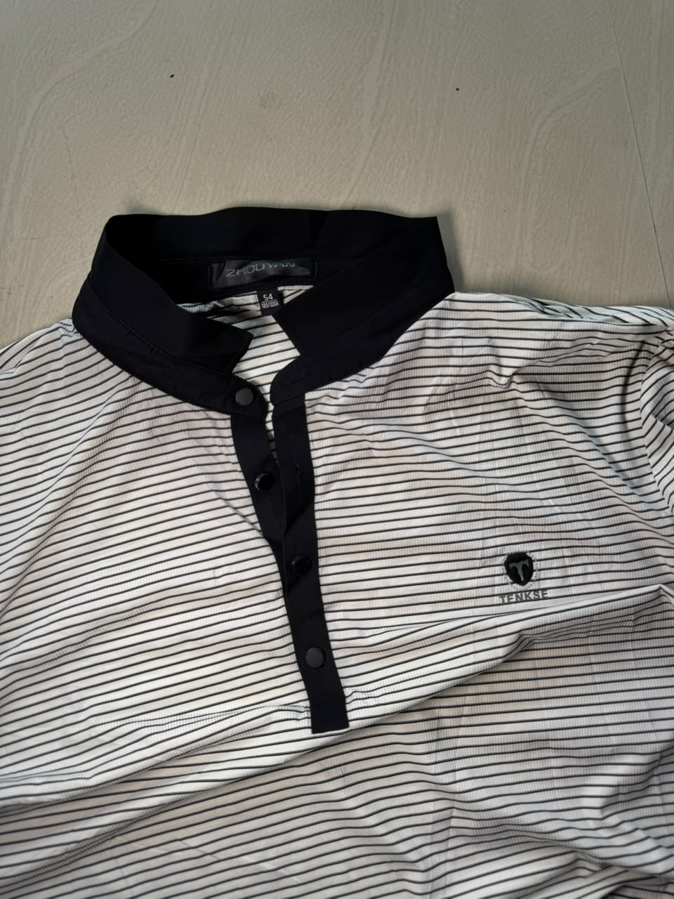 Classic White & Black Striped Mandarin Collar Polo T-Shirt