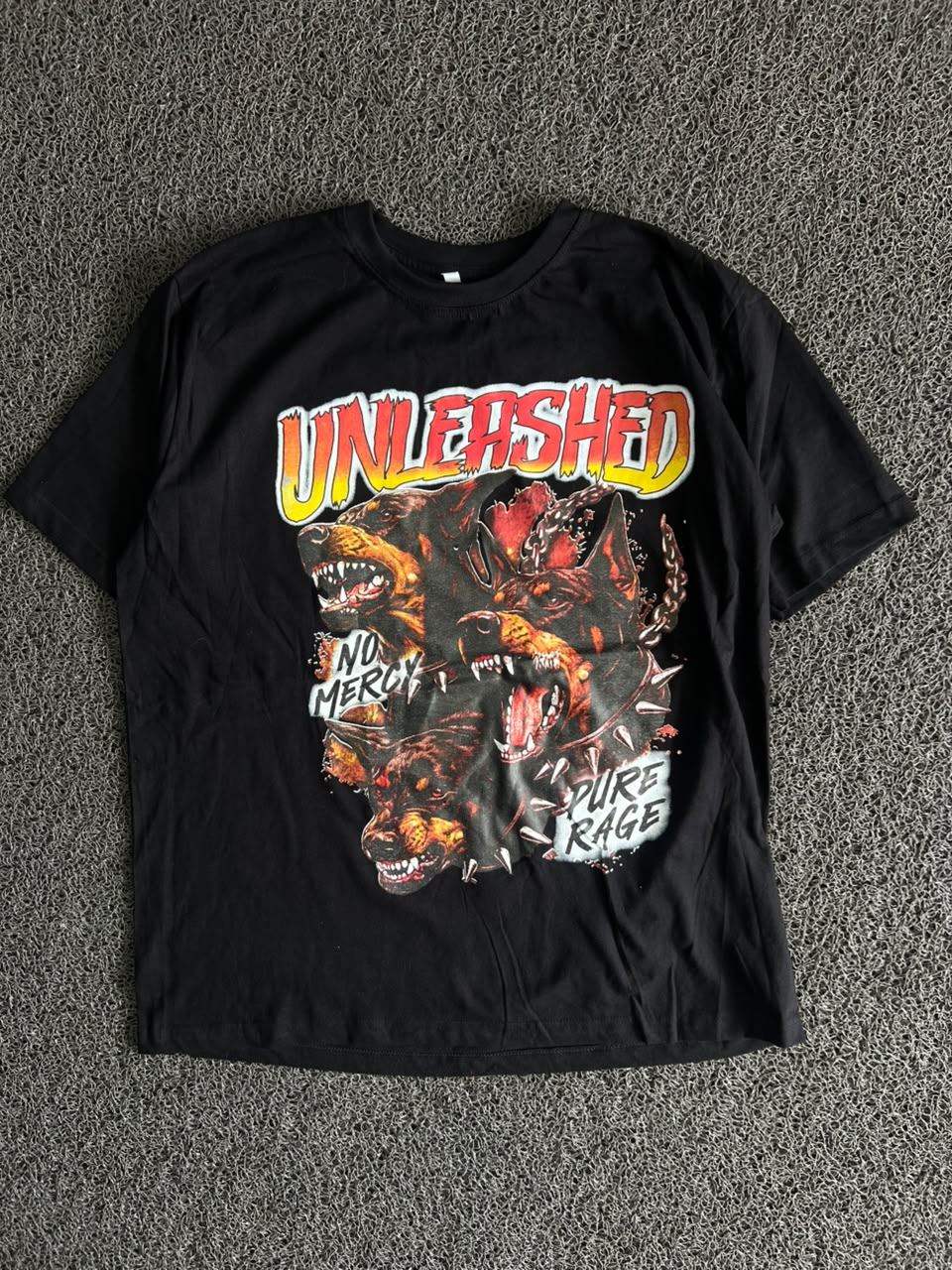 Unleashed No Mercy Graphic Print Black T-Shirt | Vintage-Inspired Dog Rage Design