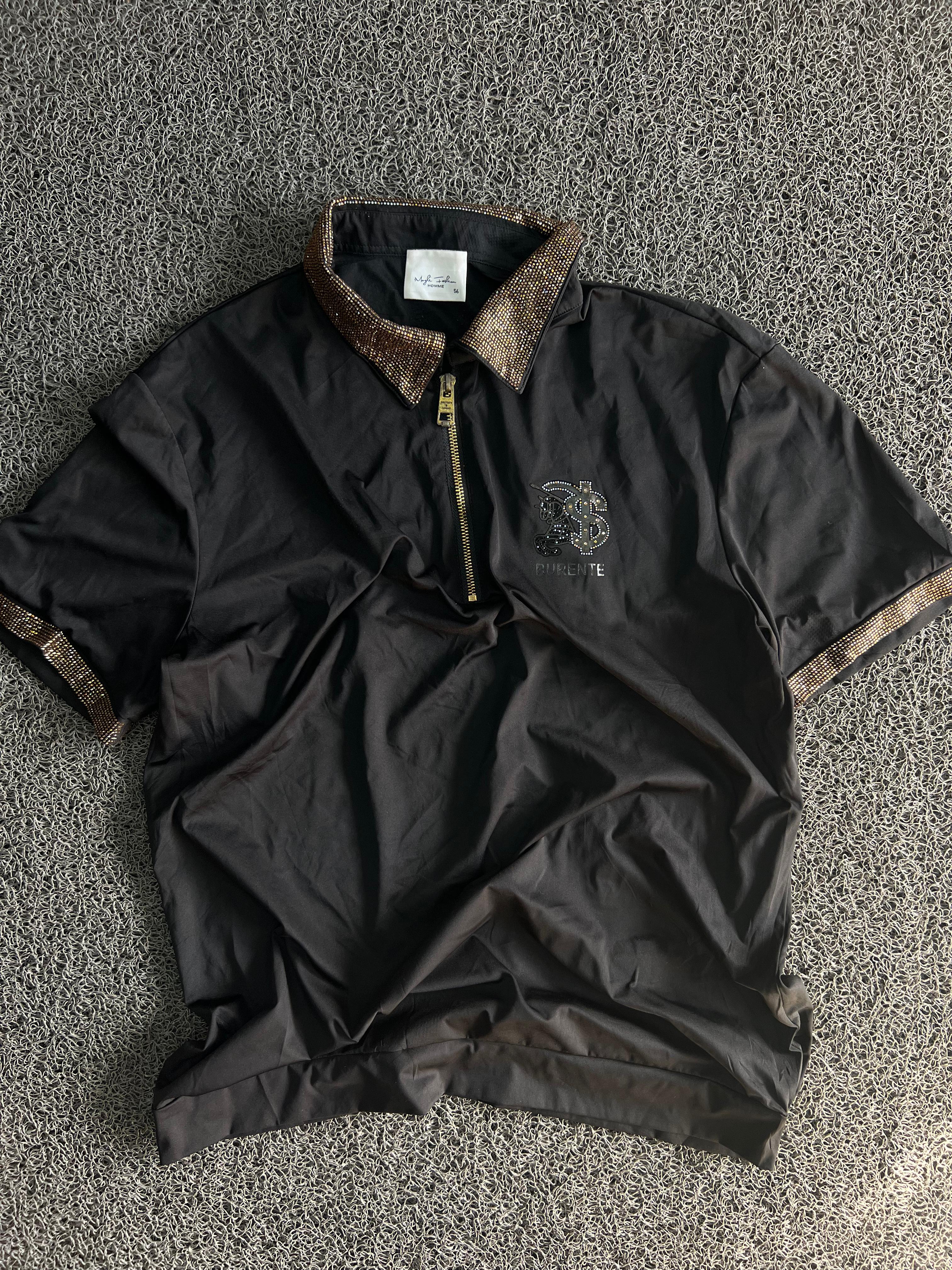 Premium Black Half-Zip Polo T-Shirt with Rhinestone Collar & Embroidered Logo